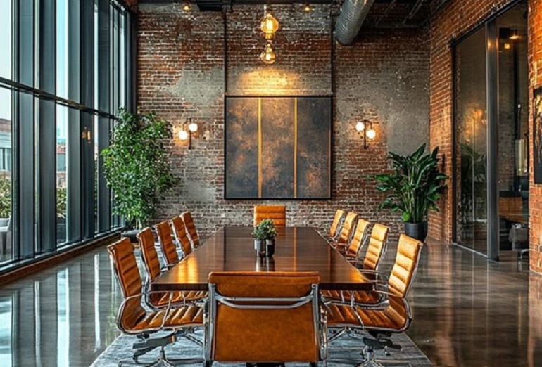 Modern office interior design with ergonomic furniture and natural lighting in Bangalore