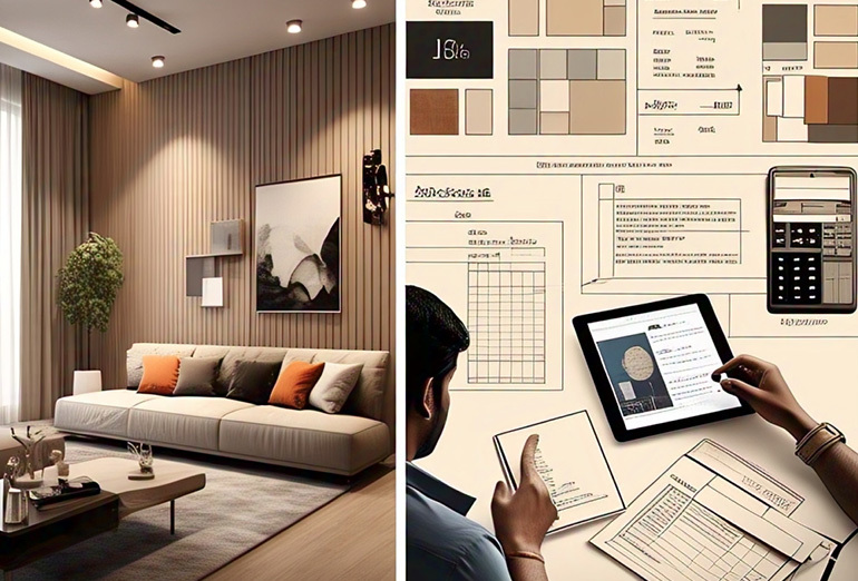 Image showing a modern living room and office interior designed with modular, smart layouts and custom furniture solutions.